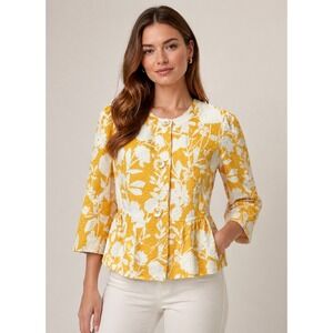 Chadwicks Peplum Jacket Sz 12 Yellow White Floral Peplum Button Front Blazer